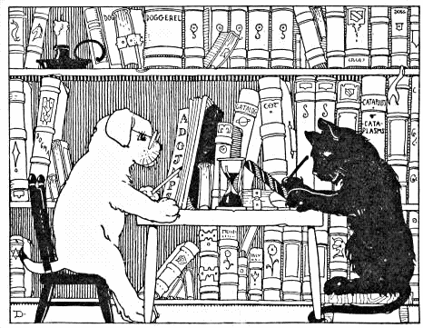 Silly cartoon clipart picture of a dog and cat sitting in a library learning 