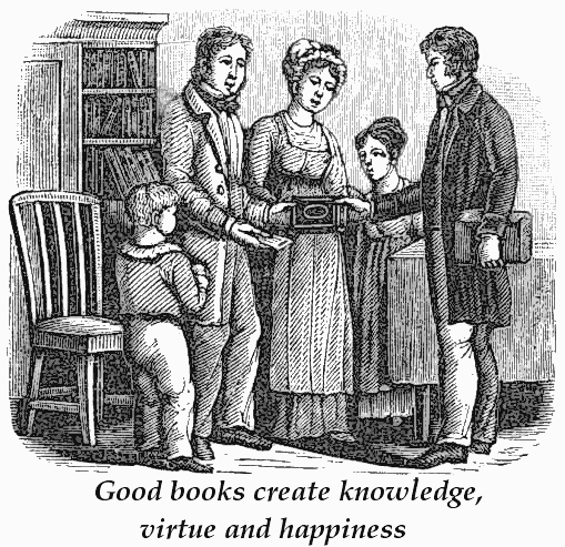 Victorian Clipart illustrations of a family, which included a father, mother, two children and the father is happily  greeting a man who is selling them an educational book for them to read and add to the library of books they proudly display, the proverb is 