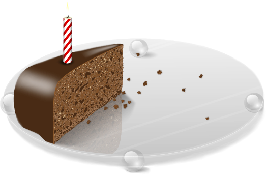 Clipart of the last slice of a chocolate birthday cake on a white plate.