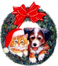 Clipart of a cat wearing a santa hat and a puppy posing in a wreath decorated with a giant red bow., Click here to get more Free Clipart at ClipartPal.com