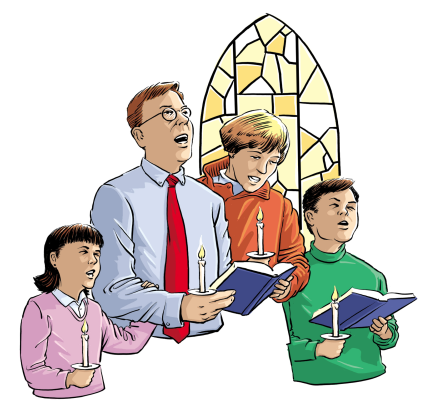 Religious clipart of a family singing christmas carols in church.