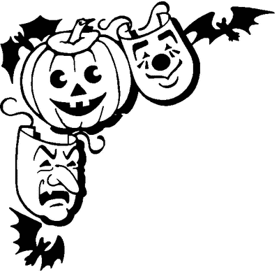 Clipart of a black and white collection of Halloween decorations, a Jack O Lantern, a happy face costume mask with a round nose, an angry face costume mask with a pointed nose and three black bats flying around, great for a holiday corner display for flyers, party notes,  school projects and more , Click here to get more Free Clipart at ClipartPal.com